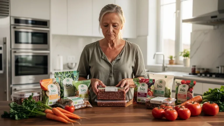 Femme réfléchissant aux substituts végétaux bio ultra-transformés dans une cuisine moderne lumineuse