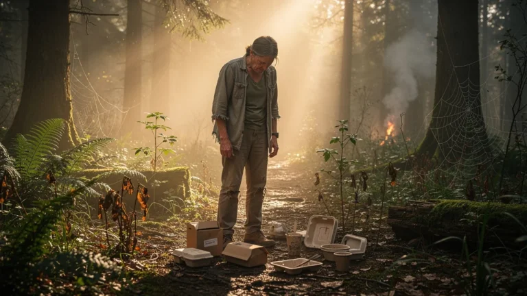 Personne regrettant d'avoir cru qu'un produit naturel était forcément écologique en forêt brumeuse