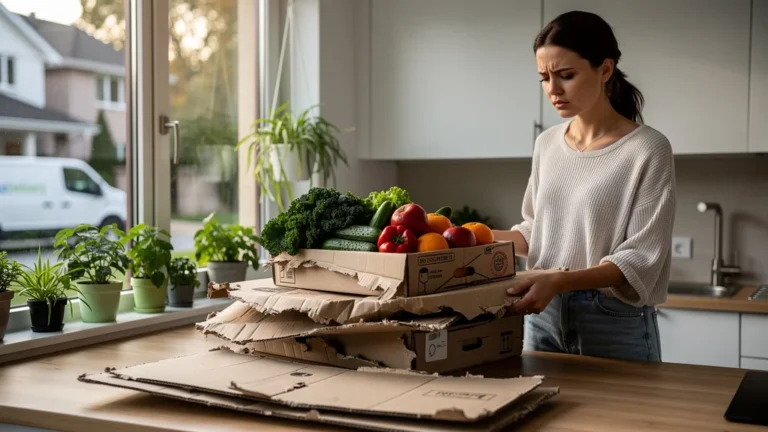 Jeune femme dubitative devant plusieurs couches de carton et panier bio livré à domicile