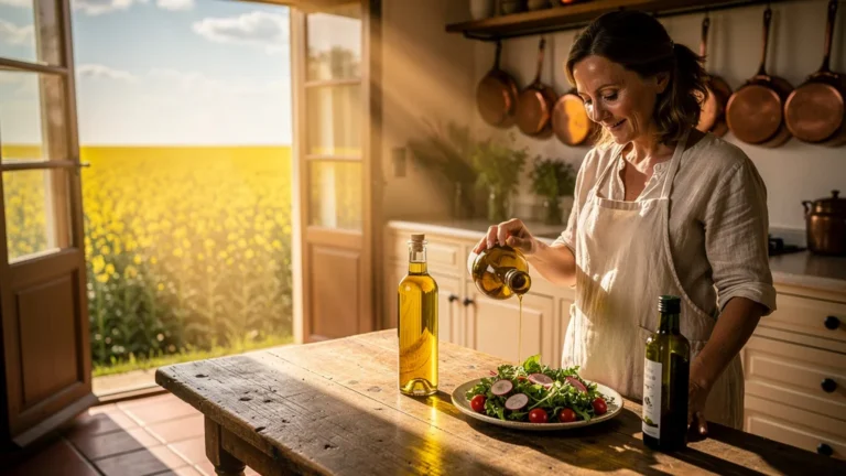 Choix d'huile de colza locale plutôt qu'huile d'olive importée, ambiance campagne authentique et lumineuse