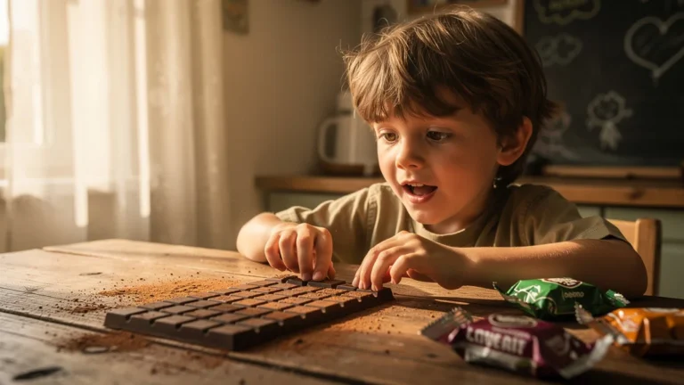 Enfant savourant un chocolat noir bio avec plaisir, préférant au chocolat industriel, moment de découverte sensorielle