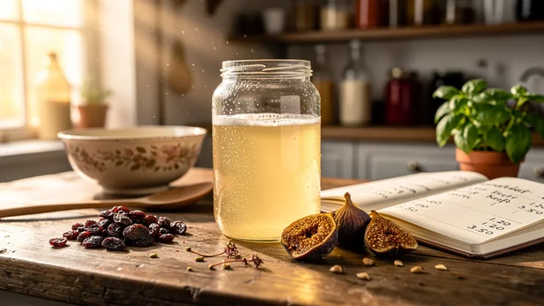 Bocal de kéfir de fruits maison avec raisins et figues sur un plan de travail en bois éclairé naturellement
