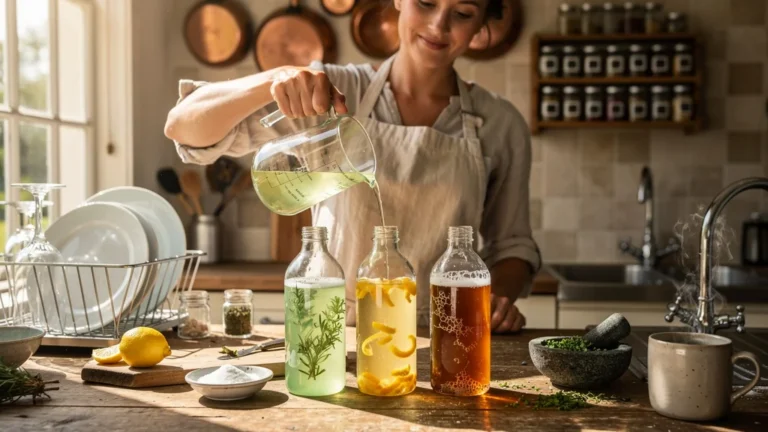 Testé trois recettes maison de liquide vaisselle dans une cuisine familiale, bouteilles artisanales en gros plan