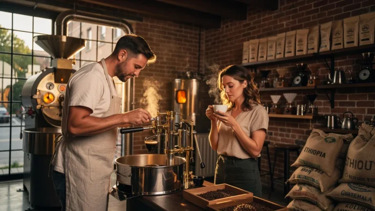Café de torréfaction locale avec barista passionné révélant la vraie saveur du café artisanal