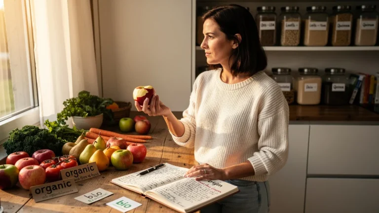 Femme réfléchissant à son erreur d’acheter bio sans lire la provenance dans une cuisine moderne et lumineuse