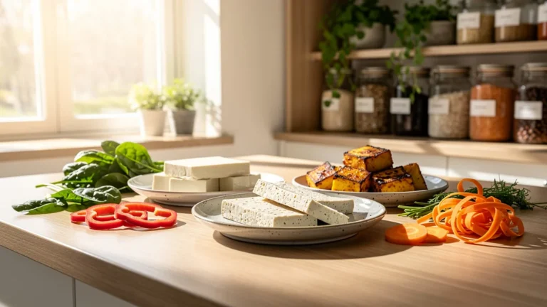 Photo hyperréaliste de la meilleure sélection de tofu bio dans une cuisine moderne et lumineuse
