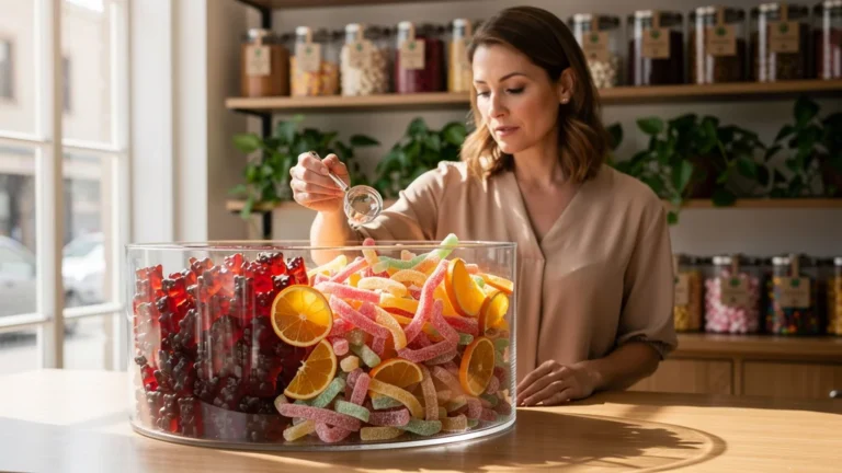 Boutique moderne de bonbons vrac biologiques avec femme attentive examinant les bonbons avant achat