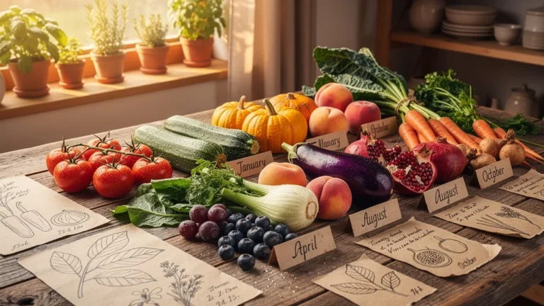 Calendrier fruits et légumes de saison frais colorés sur table en bois rustique, ambiance naturelle et lumineuse