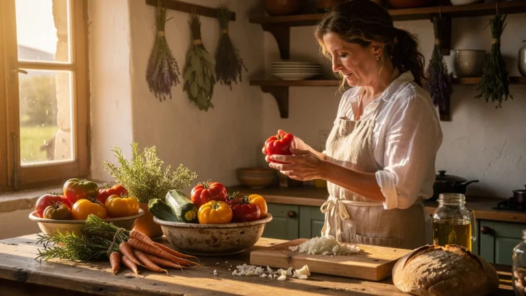 Cuisine avec uniquement les légumes de l'AMAP du village dans une cuisine rustique ensoleillée