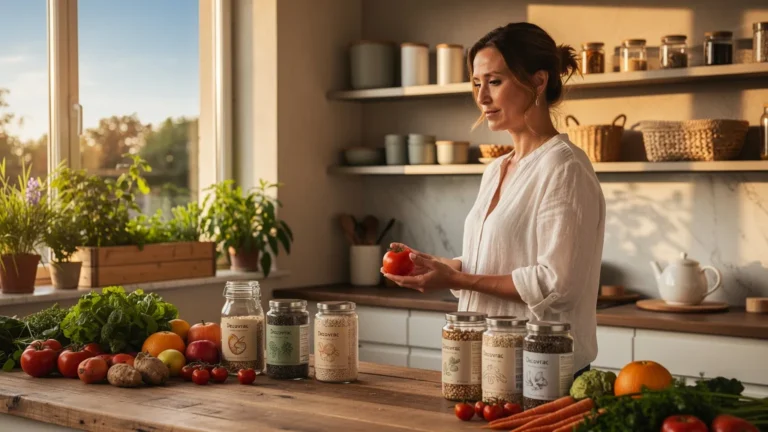 Femme de 37 ans dans cuisine lumineuse avec fruits bio, représentant l'usage de Decovrac après 3 mois