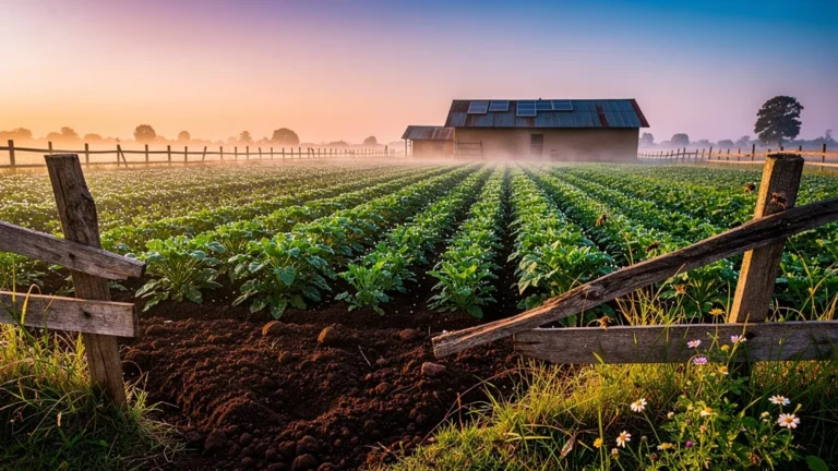 Paysage hyper-réaliste d’une ferme Kissi biologique au lever du soleil avec cultures fraîches et ferme durable