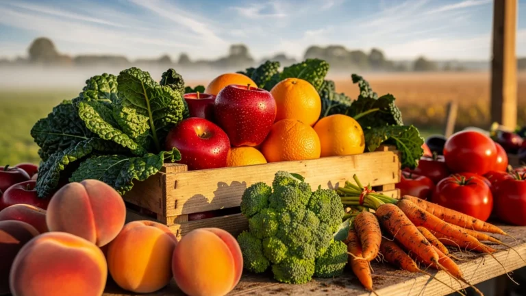 Fruits et légumes de saison frais et colorés sur un étal naturel en lumière matinale vive