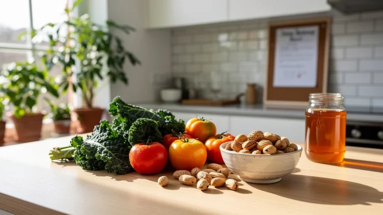 Cuisine moderne lumineuse avec des aliments bio et des noix havea fraîches sur un plan de travail en bois