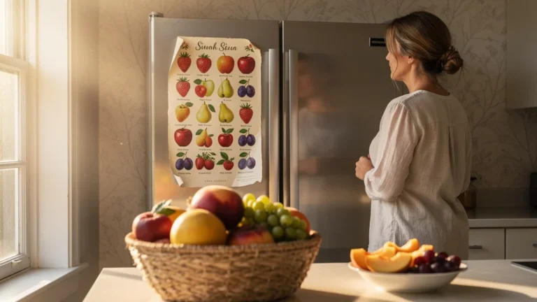 Calendrier des fruits de saison sur un frigo moderne avec fruits frais et ambiance lumineuse naturelle