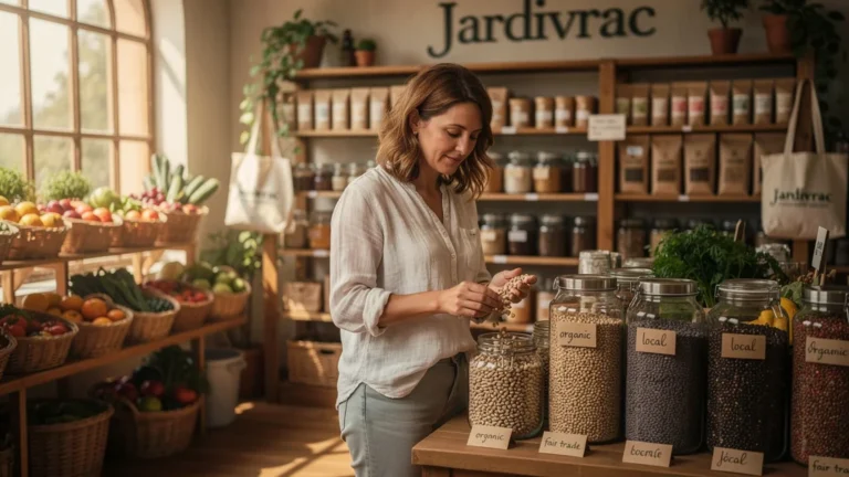 Photo hyper-réaliste du magasin bio Jardivrac avec femme choisissant des produits en vrac naturels