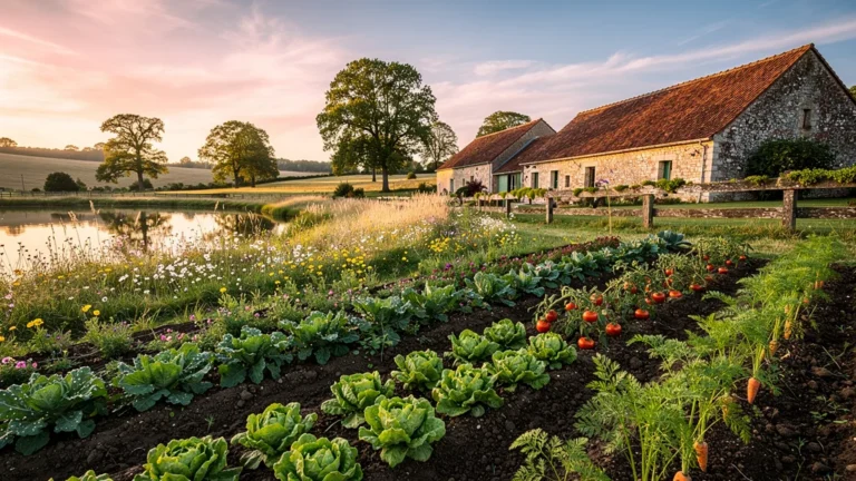Paysage hyperréaliste de la ferme biologique de l'Oise au coucher de soleil, champs et bâtiments traditionnels