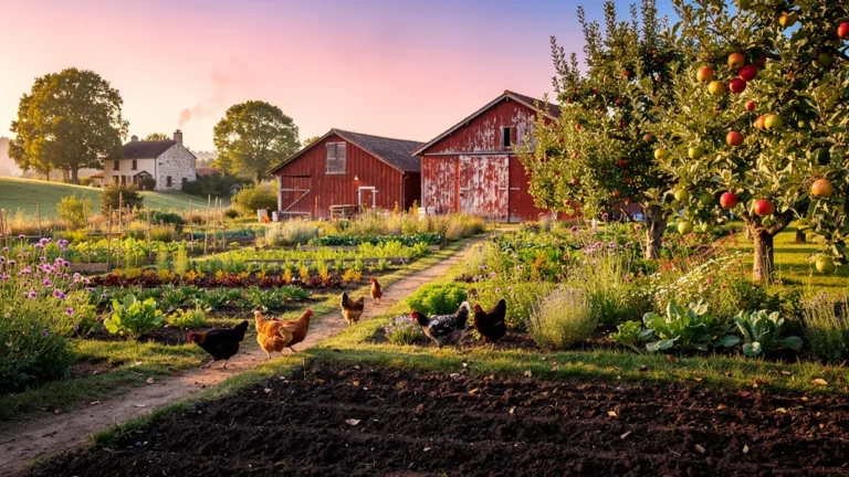 Vue réaliste et lumineuse de la ferme de Sannois avec ses champs cultivés et bâtiments rustiques au coucher du soleil