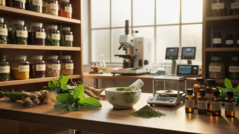 Intérieur hyperréaliste laboratoire herbolistique avec plantes, outils et lumière naturelle douce