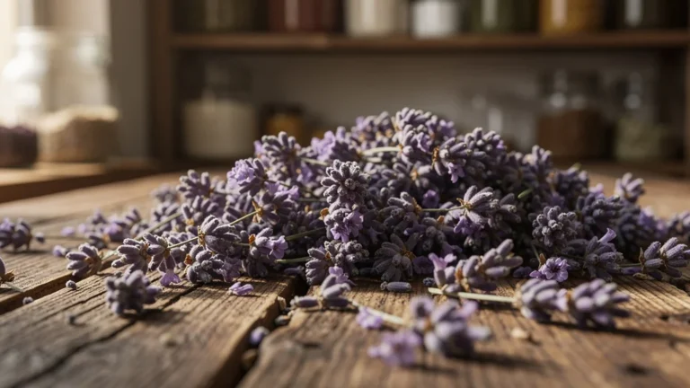 Lavande en vrac sèche sur table en bois rustique, lumière naturelle, texture détaillée et ambiance chaleureuse