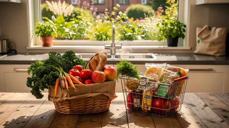 Panier bio frais et coloré moins cher qu’un caddie classique dans une cuisine lumineuse