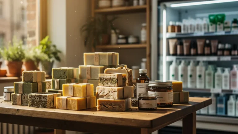 Comparaison réaliste entre maquillage bio de supermarché et savonnerie de quartier artisanale