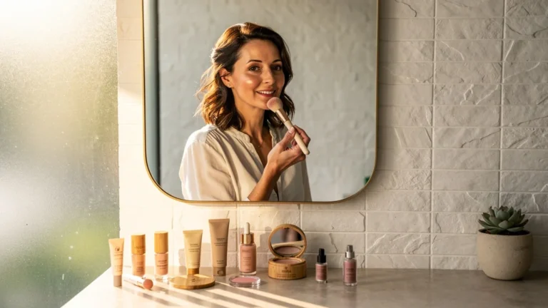Femme de 37 ans avec maquillage bio naturel et peau éclatante après 7 jours d’utilisation réelle