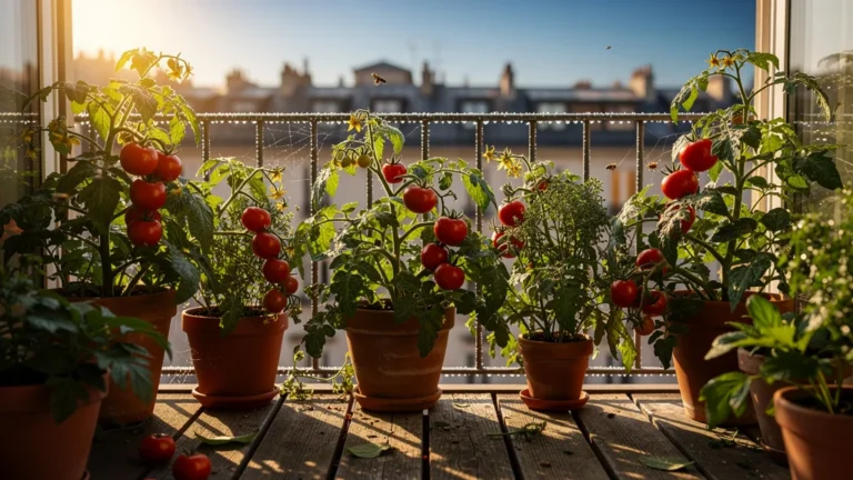 Balcon urbain en été produisant des tomates mûres rouges en juillet sous un soleil doré