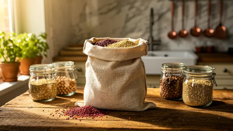 Sac à vrac écologique en coton naturel avec grains bio sur plan de travail en bois éclairé par lumière naturelle