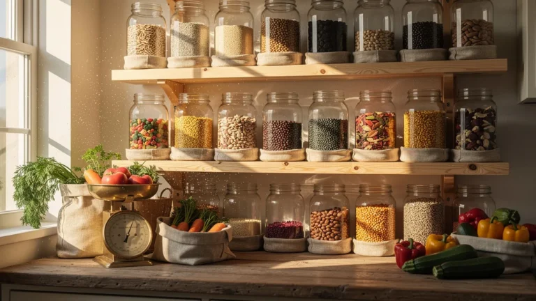 Cuisine minimaliste sans emballages avec bocaux en verre et aliments en vrac, zéro déchet après six mois