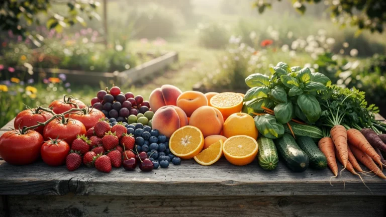 Tableau hyper-réaliste de fruits et légumes de saison colorés sur table en bois rustique