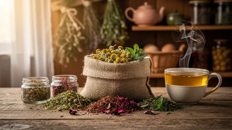 Tisane en vrac sur table en bois avec feuilles variées et tasse fumante, ambiance naturelle et chaleureuse