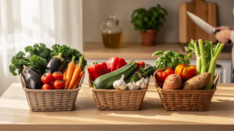 Comparaison hyper-réaliste de trois paniers de légumes frais livrés pour une semaine de repas